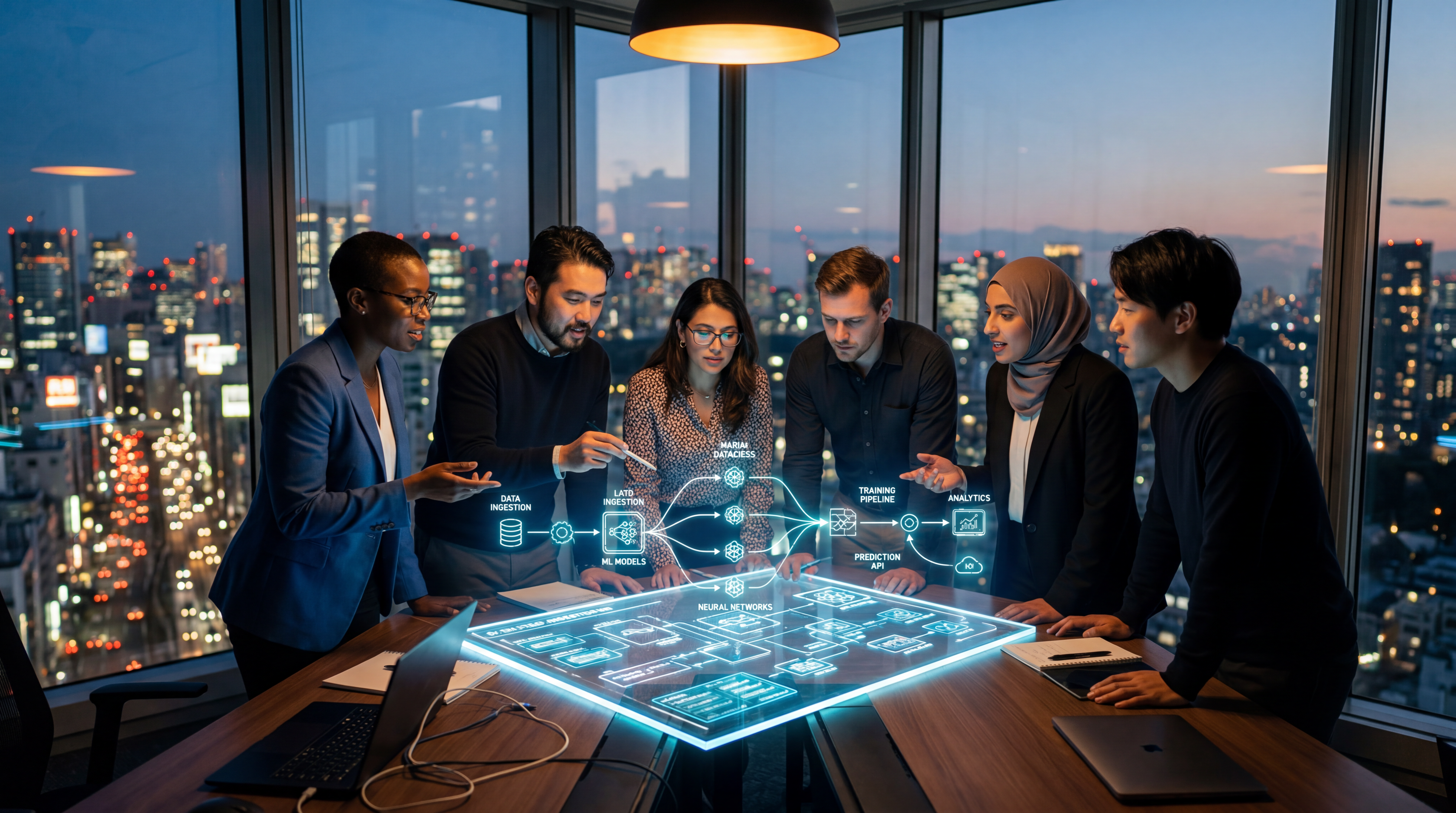 Diverse team collaborating around a holographic AI architecture map