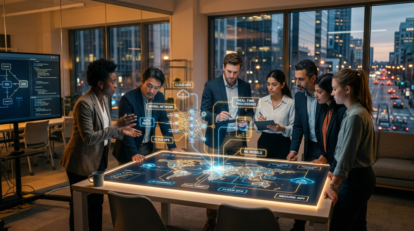AI-powered smart city aerial view at golden hour