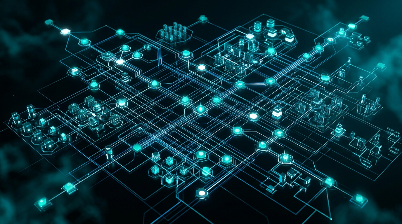 Cloud architecture blueprint assembling from luminous nodes