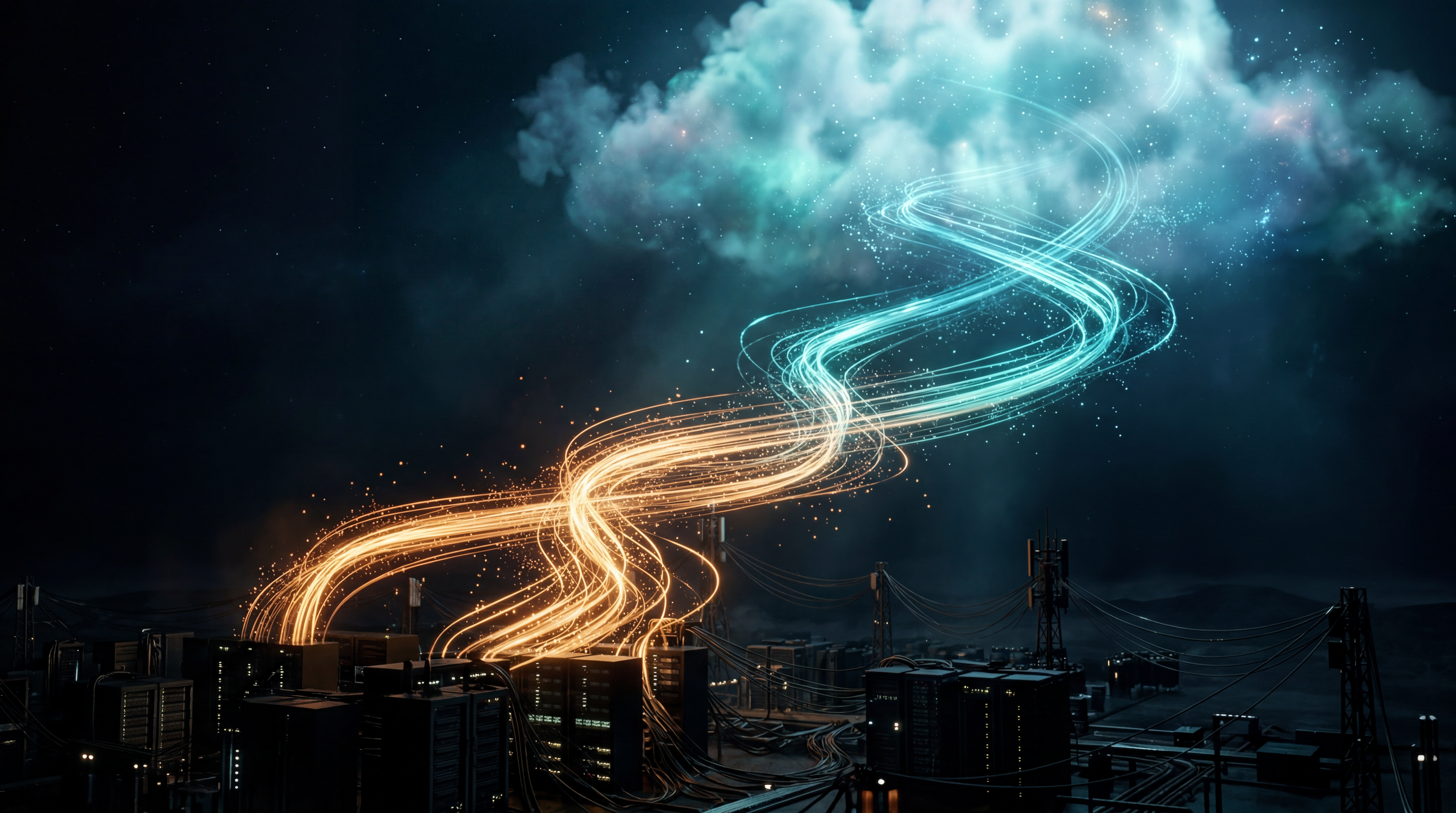 Data streams ascending from legacy infrastructure into the cloud
