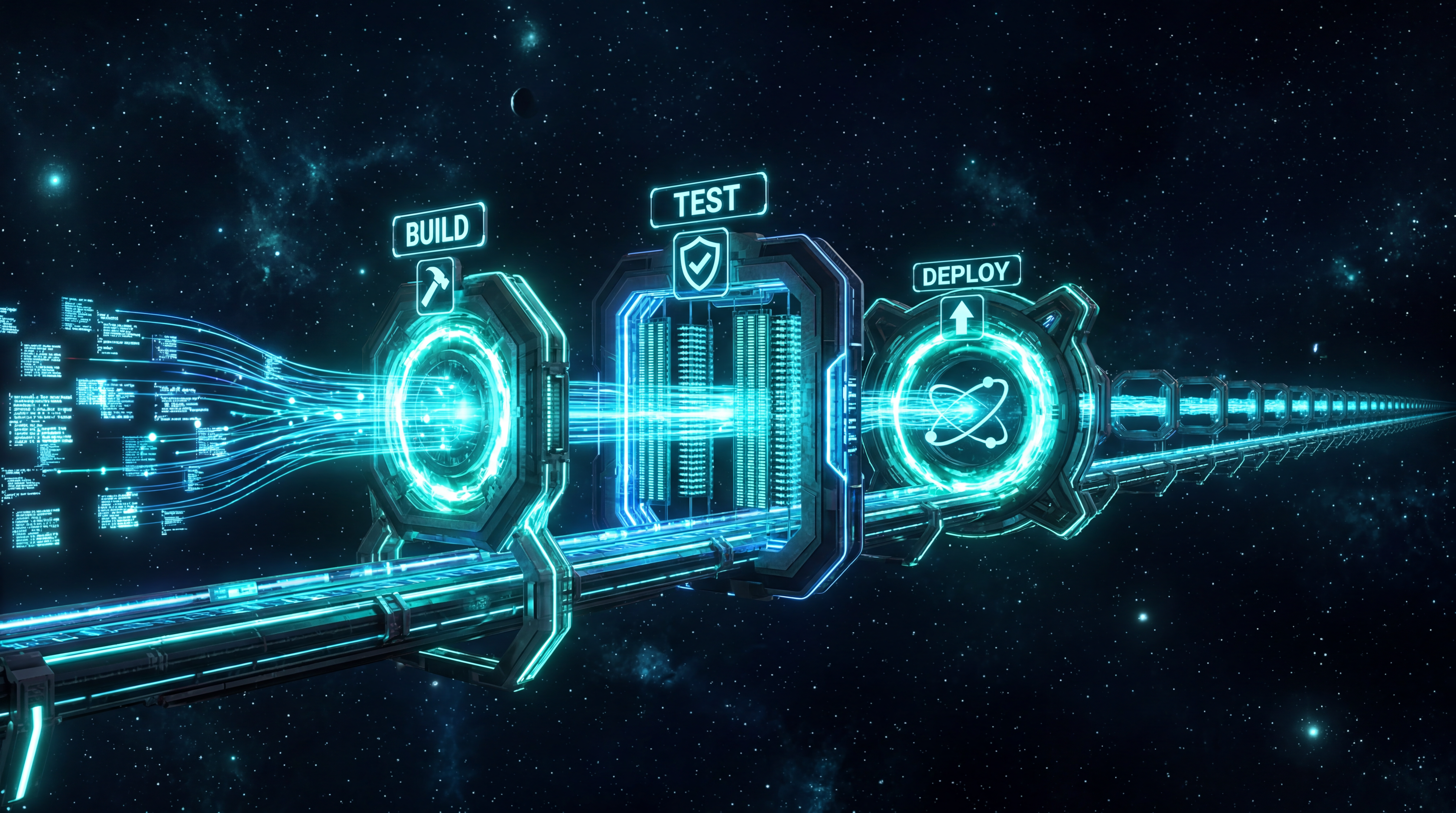 Automated CI/CD pipeline flowing through glowing processing gates