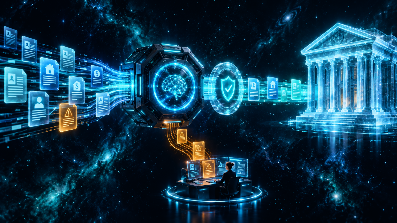 Application documents passing an AI review core and approval ring toward a bank, with flagged documents sent to an analyst