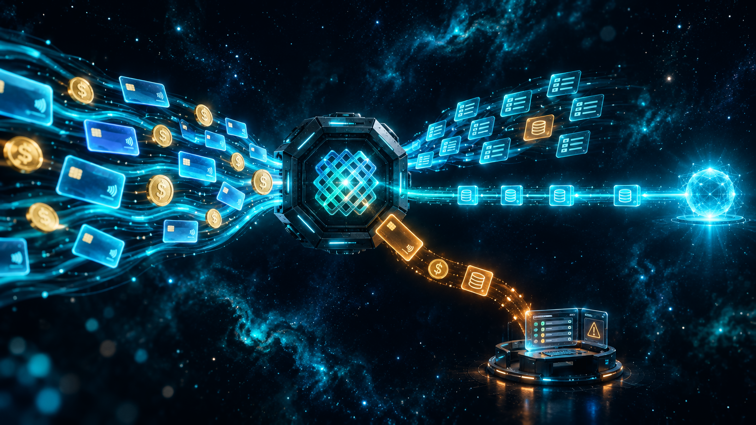 Payment cards and ledger entries merging in a matching core, with unmatched items diverted to a review station