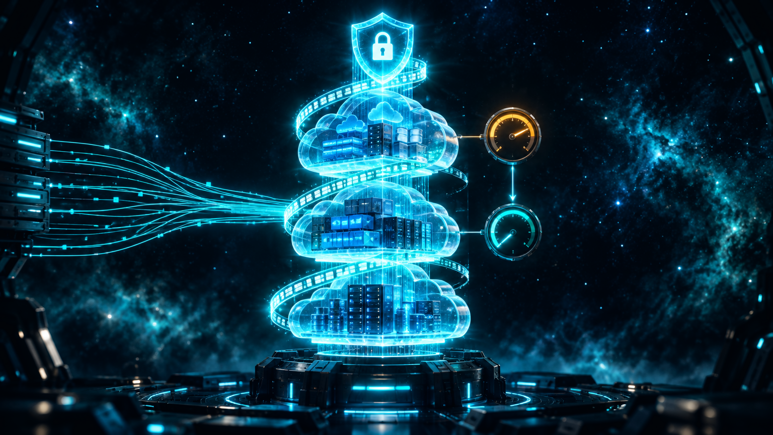 Layered cloud infrastructure tower wrapped in an audit-log ribbon with a security shield and a cost gauge being tuned down