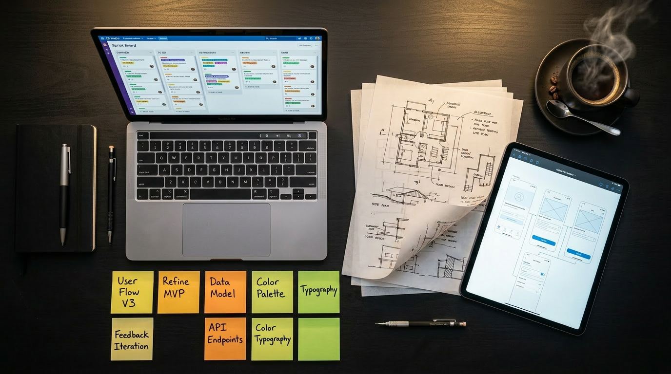 Premium strategy session flat-lay with MacBook and wireframes