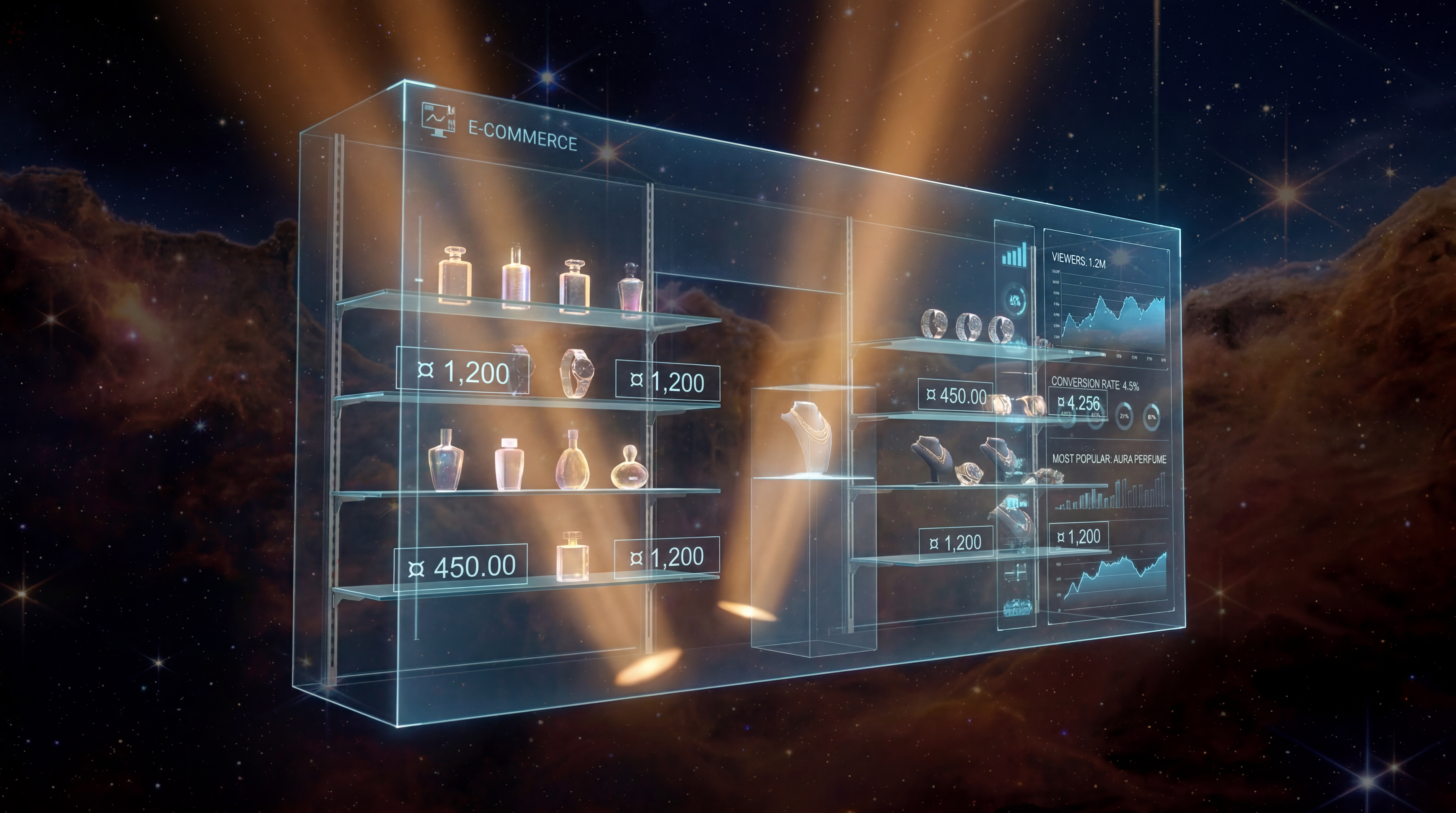 Holographic luxury retail storefront with AI analytics