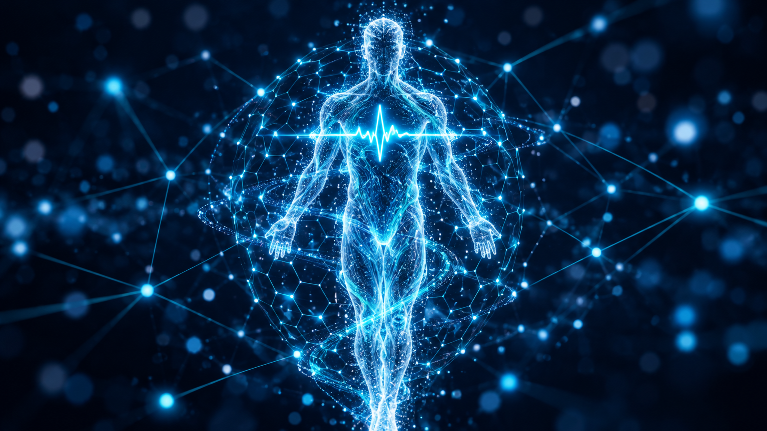 Translucent human figure formed of glowing data streams inside a secure network lattice