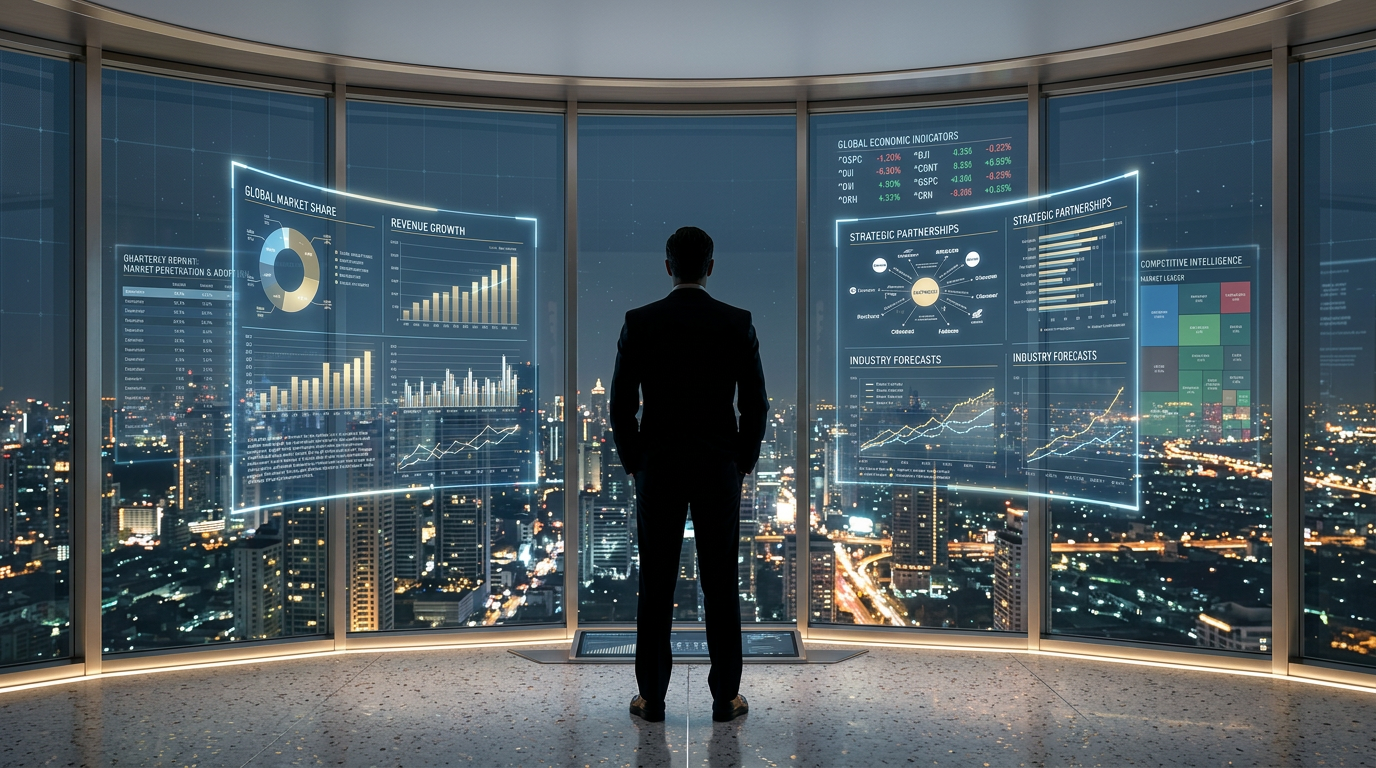 Executive silhouette with holographic AI strategy reports