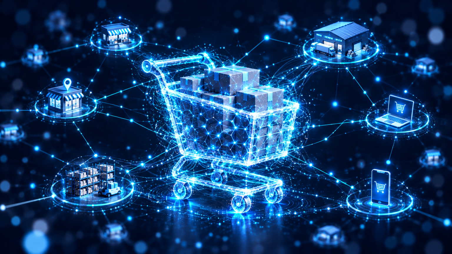 Translucent shopping cart formed from data streams, linked to stores, a warehouse, and online channels