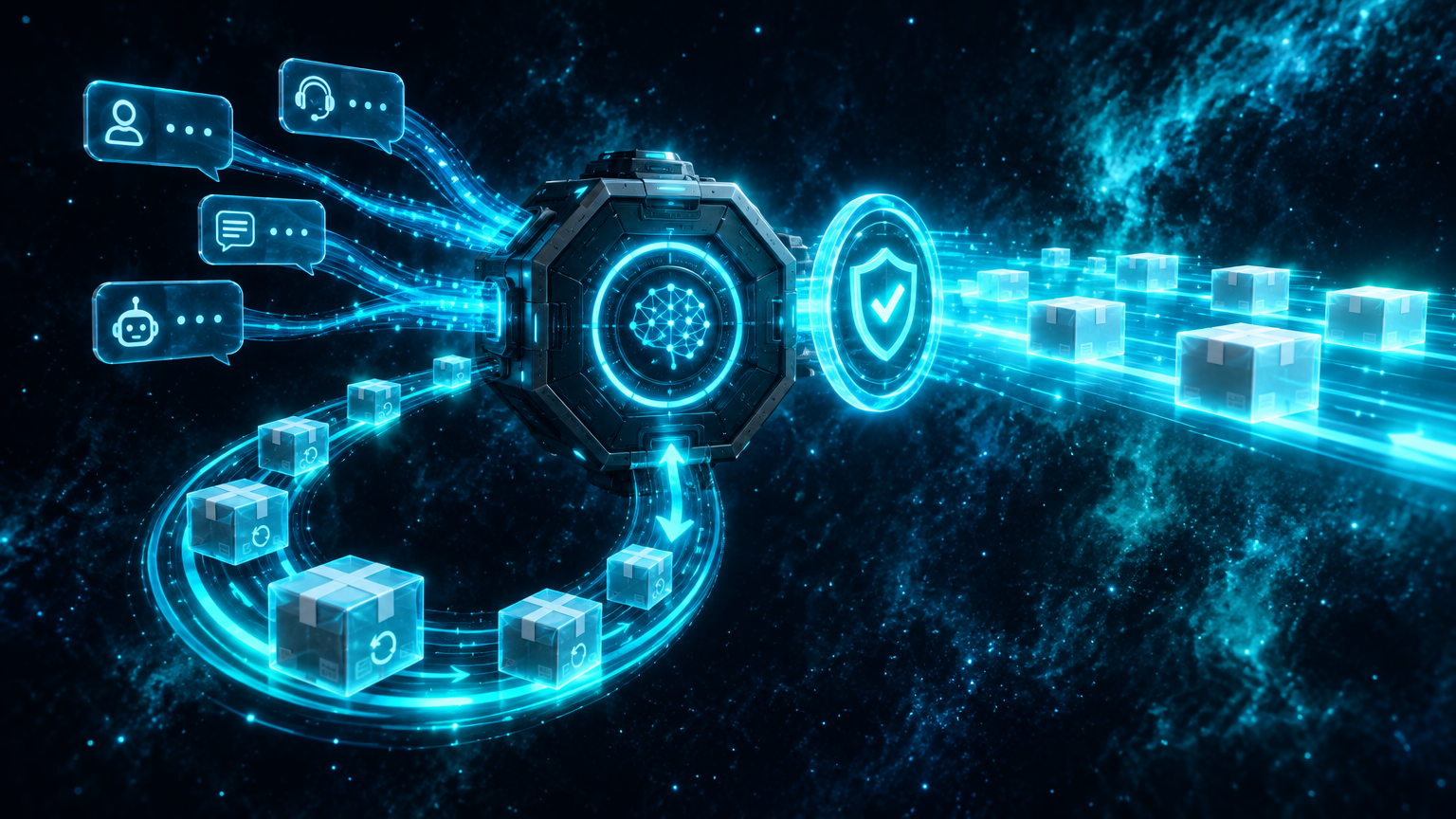 Support chat messages and returned parcels flowing into an AI triage core with an approval ring at the exit