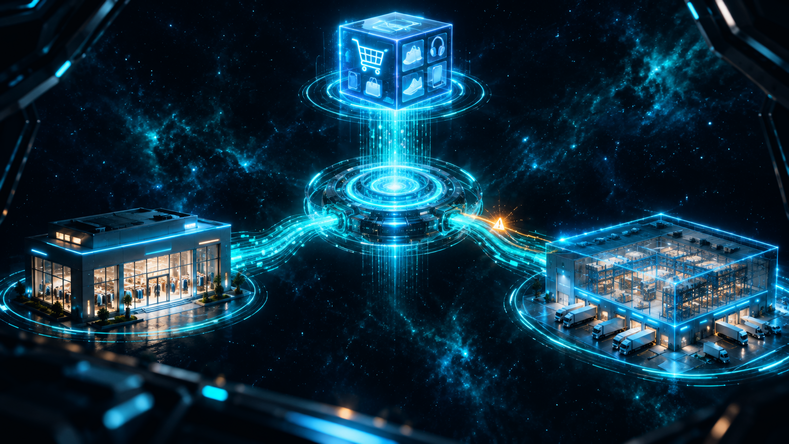 Storefront, warehouse, and online shopping cube linked by light streams to a central synchronization core